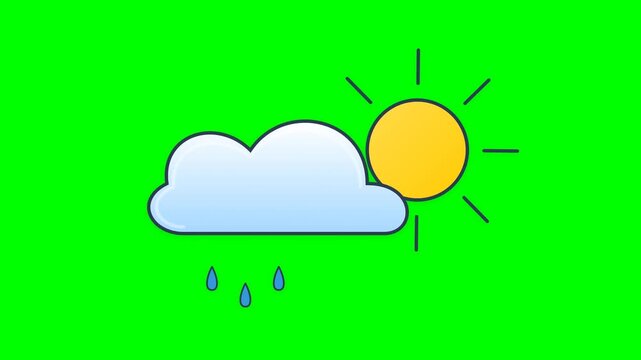 Weather icon displays a bright yellow sun partially obscured by a soft blue cloud with falling rain droplets on a solid green background.