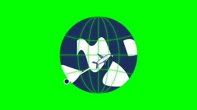 Airplane trajectory across a stylized globe icon represents international air travel routes and global connectivity in a clean flat design.