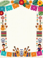 Fototapeta premium Floral motifs, papel picado banners, guitars, maracas, woven textiles, tropical leaves, artisan pottery, geometric ornaments and festive cultural decorations forming an elegant decorative frame