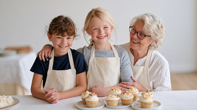 Children at a school bake sale table stand beside an elderly volunteer baker on a sterile white background, intergenerational moment of flour dusted aprons and frosted cupcakes