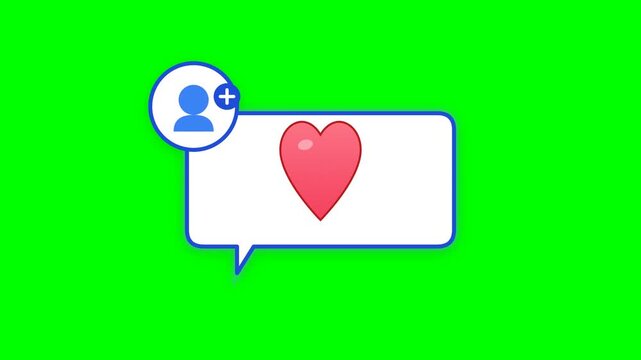 Notification alert icon showing a pink heart inside a message box with a profile add symbol sits on a solid green field.