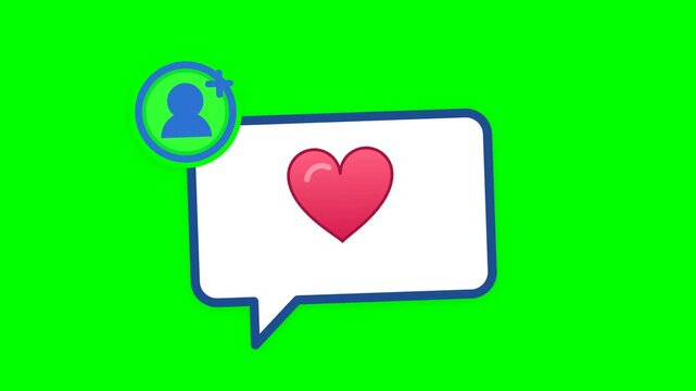 Social media notification bubble featuring a vibrant pink heart and a profile connection icon appears against a bright green background.