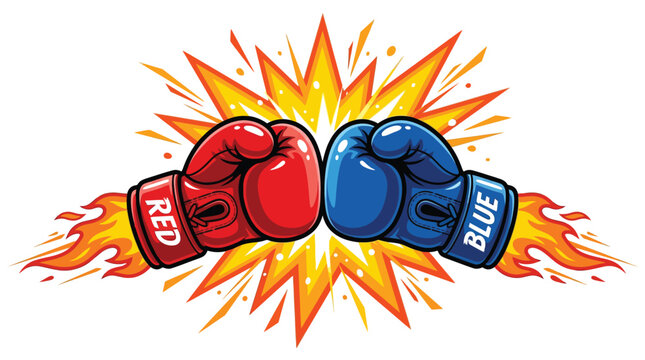 Red and blue boxing gloves clashing together in an intense fiery explosive vector art illustration