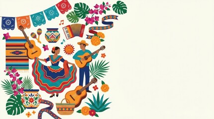 Obraz premium Hispanic Heritage Month celebration banner featuring colorful folk art, musical instruments, traditional crafts, botanical decorations, festive ribbons and cultural symbols arranged along one side