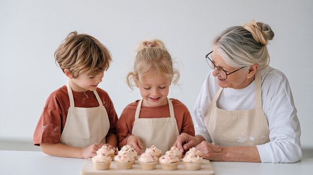 Children at a school bake sale table stand beside an elderly volunteer baker on a sterile white background, intergenerational moment of flour dusted aprons and frosted cupcakes