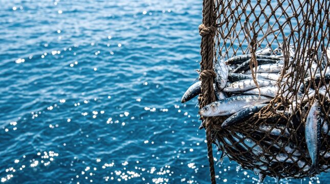 Abundant fish catch in a net pulled from the sea. Biblical miracle of the great haul of fish inspired by Luke 5. Fisherman harvest from the deep water. Christian religious concept.