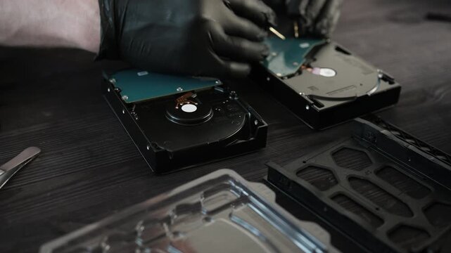 Service Technician In Protective Gloves Examines A Faulty Hdd In Service Center Using Diagnostic Tools