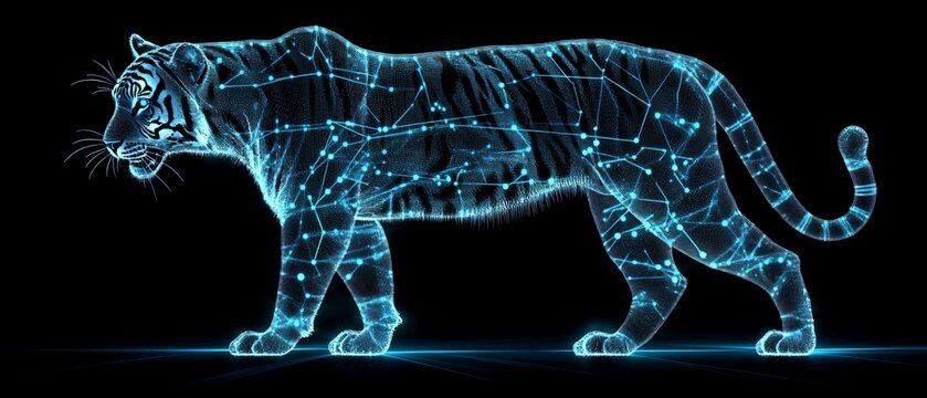 Digital tiger walking, dark background, tech design, website banner