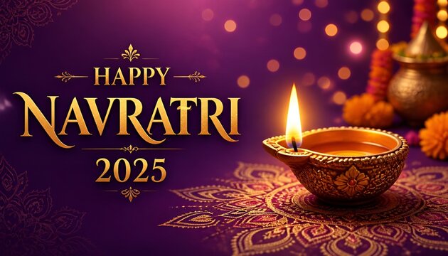 Happy Navratri 2025 Greeting Card with Glowing Diya, Sacred Mandala, and Elegant Golden Text on Maroon Background &ndash; Hindu Festival, Spiritual Celebration, Poster, Invitation, and Social Media Banner