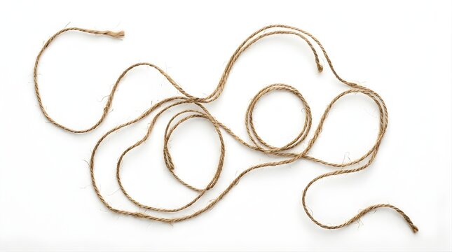 Brown rustic jute rope curled on a white background for craft projects