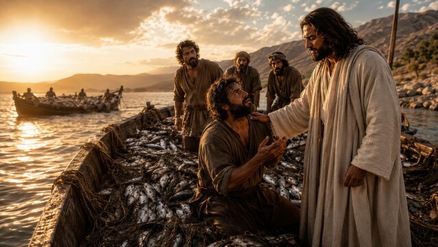 Jesus Christ standing with a humble fisherman on a wooden boat filled with a miraculous catch of fish. Biblical scene from the life of the apostles at sea. Religious faith and miracle.