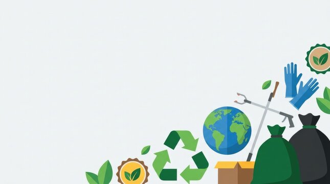 Recycling symbol, Earth globe, garbage bags, litter picker, reusable gloves, leaves and eco badges arranged diagonally with large negative space for a World Cleanup Day environmental banner