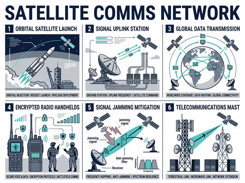 Satellite communication network shows launch, data transmission, encrypted handsets, and jamming mitigation globally