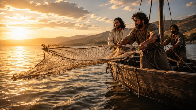 Fishermen casting net into the sea of Galilee at sunset. Biblical scene depicting Jesus teaching Simon Peter and disciples in a boat. Religious history and miraculous catch concept.