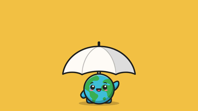 Cute Kawaii Earth Character Holding White Umbrella for Climate Protection and Environmental Care Concept