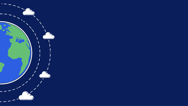 Global cloud computing network vector background illustration with planet earth and orbiting clouds on dark blue backdrop with copy space