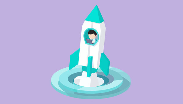 Ambitious businessman launching a new venture in an isometric rocket illustration, symbolizing startup growth, career advancement, and successful project initiation