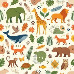 Fototapeta premium World Animal Day packaging pattern made from animal silhouettes, leaves, flowers, feathers, paw prints, butterflies and organic geometric accents optimized for gift wrap and product labels