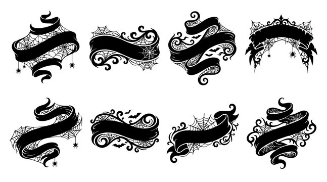 Halloween ribbon silhouettes with spider webs. Decorative spooky banners for holiday design.