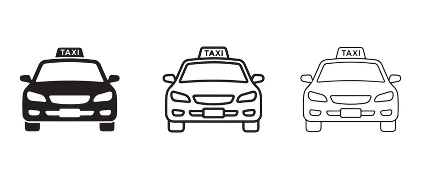 taxi cars with signage displayed in varying line art styles isolated on transparent background
