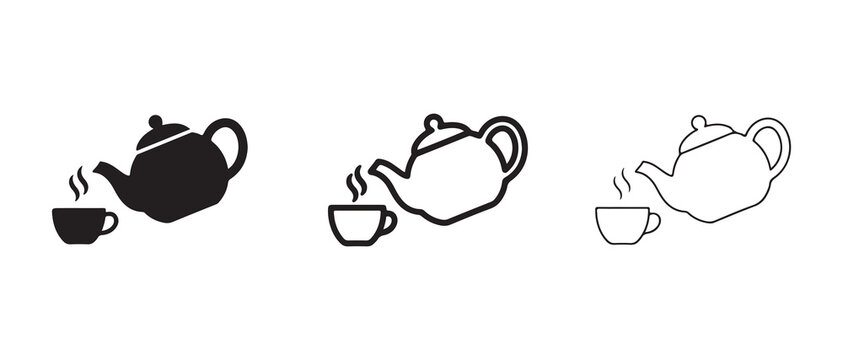 tea sets with teapot pouring steam into cups in varying line art designs isolated on transparent background