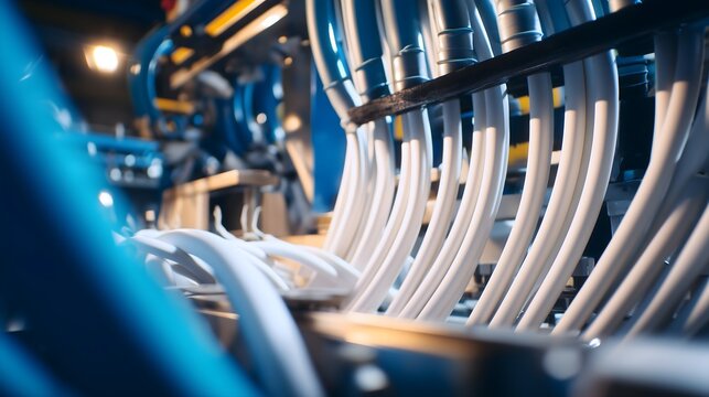 PEX pipes being extruded on modern plastic tube production line in factory