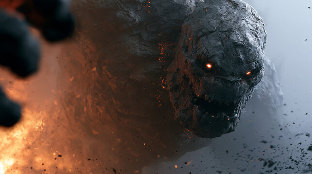 A massive stone creature with glowing eyes emerges from fiery chaos.