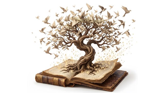 A surreal digital art piece featuring an ancient, twisted tree growing out from the pages of an open