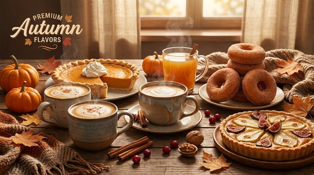 Premium autumn flavors concept featuring pumpkin pie warm lattes cider cinnamon sticks seasonal donuts baked treats nuts fresh cranberries and fall leaves on wooden rustic table.
