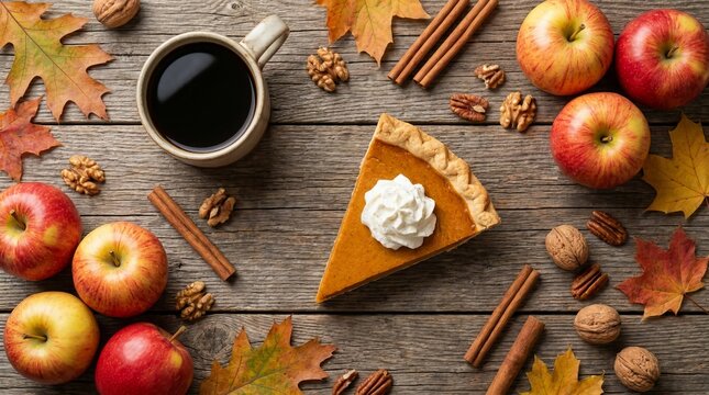 One single slice of homemade pumpkin pie with whipped cream served on vintage plate alongside black coffee cup cinnamon sticks walnuts and colorful autumn leaves on wood.
