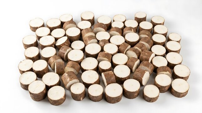 Multiple small circular wood cross-sections on white