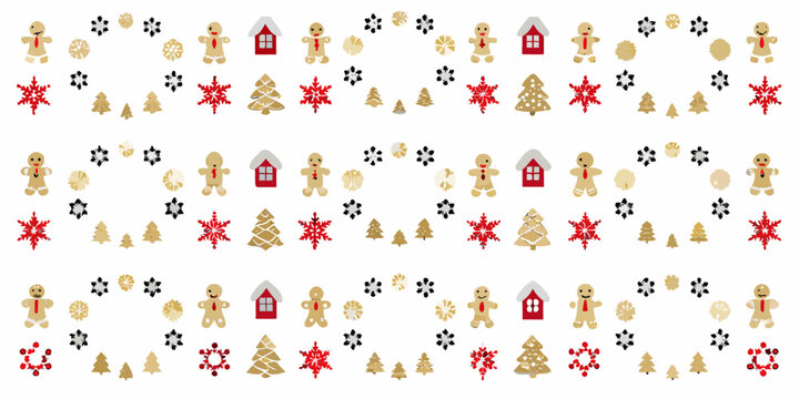 Gingerbread men snowflakes and christmas trees vector pattern on white background