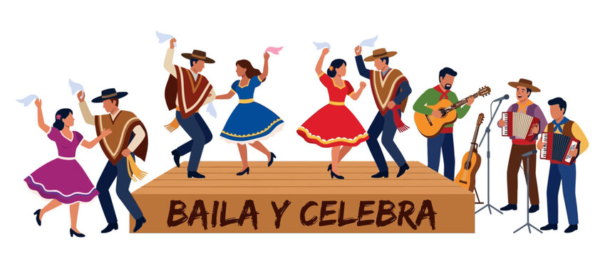 Chilean Cueca Dancers and Musicians Celebrating on Stage