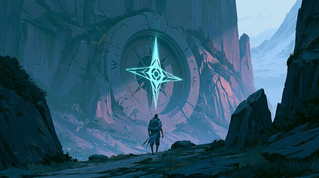 A lone figure stands before a mystical compass surrounded by mountains.