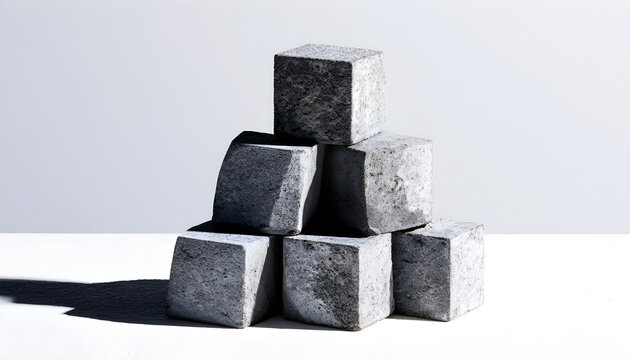 Gray stone cubes stacked in geometric formation on white surface. Modern concrete blocks form solid pyramid structure with rough texture. Sharp edges create rhythmic pattern shadow effect. Industrial