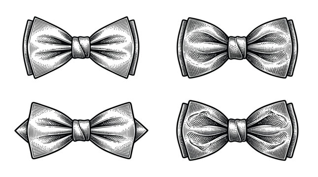 Detailed hand drawn bowtie collection featuring vintage etching style ink lines on a clean background