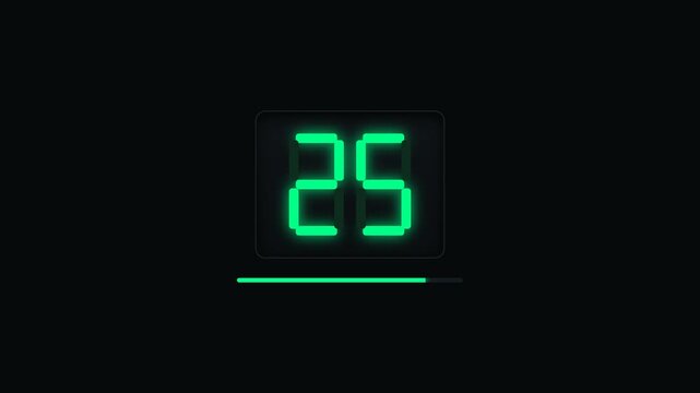 Digital green glowing seven-segment countdown timer animation from 30 to 0 with progress bar on dark background. Tech minimalist countdown timer from 30 seconds with digital led digits