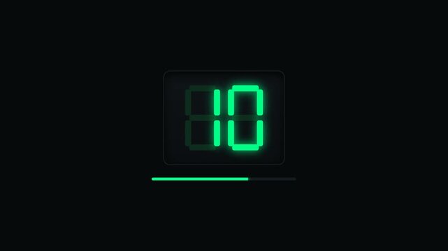 Digital green glowing seven-segment countdown timer animation from 15 to 0 with progress bar on dark background. Tech minimalist countdown timer from 15 seconds with digital led digits