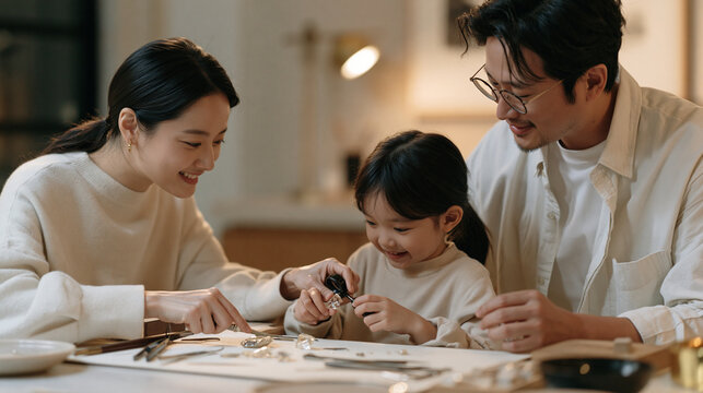Family unit gathered in warm indoor lighting around a gem cutting workbench, a minimal desk cleared to only essential quality tools, a loupe passed between parent and child