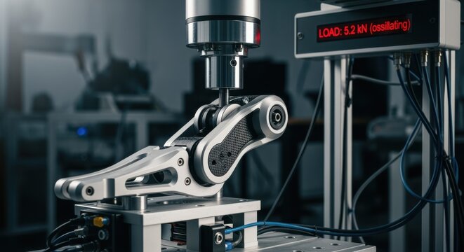 Engineering process capturing the oscillatory load application on a robotic leg joint of an exoskeleton during fatigue analysis on a test stand.