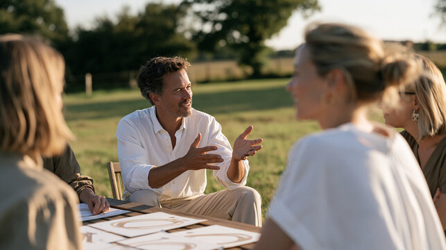 Productivity coach leading a small group seated in a sunlit meadow, organic brushstroke painted goal charts spread across a wooden table, outdoor executive coaching retreat,