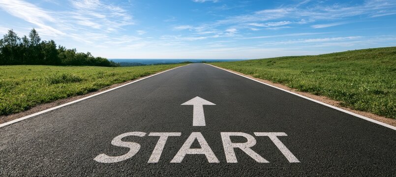 Start word sign on road with arrow pointing to target. Generative AI technology.	
