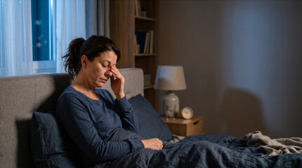 Fototapeta premium Tired middle aged woman rubbing her face while sitting in bed. Insomnia, headache and morning fatigue concept