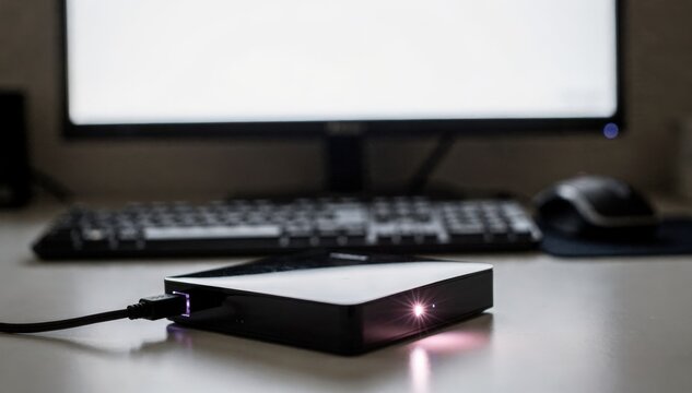Midrange shot capturing an external HDD actively copying family video footage on a PC keyboard and mouse blurred behind the brightly lit screen.