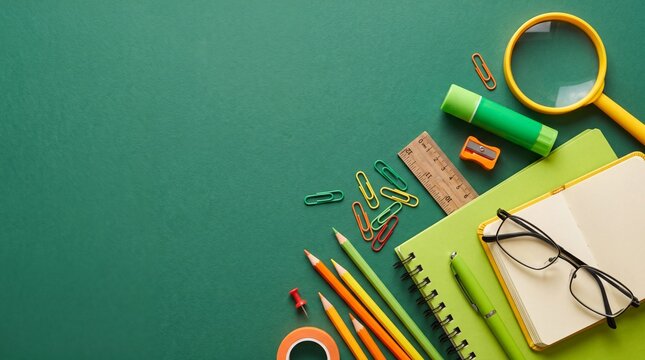 Flat lay composition of school and office supplies including notebooks, pencils, glasses, and a magnifying glass arranged neatly on a green background.