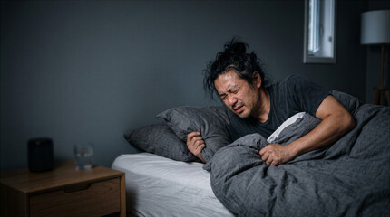 Fototapeta premium Asian man waking distressed and clutching blanket after a nightmare. Insomnia and disrupted sleep concept