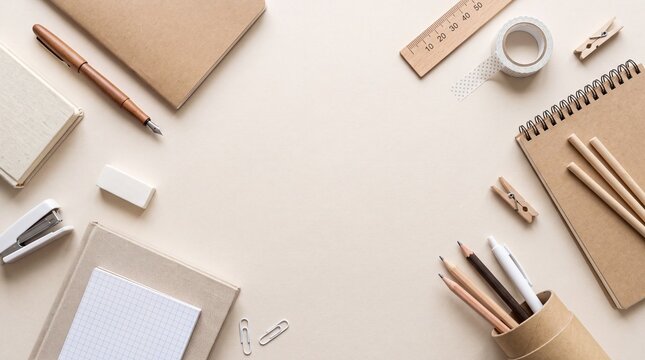 A top-down view of sustainable stationery, kraft notebooks, wooden pens, and office supplies arranged neatly with copy space in the center.