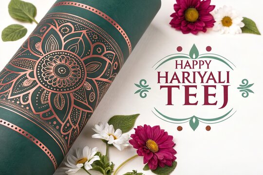 Green mandala scroll with copper henna pattern for Hariyali Teej.