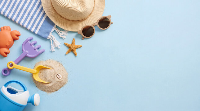 Flat lay composition of summer beach vacation items including children's sand toys, straw hat, sunglasses, and seashells on a blue background with copy space.
