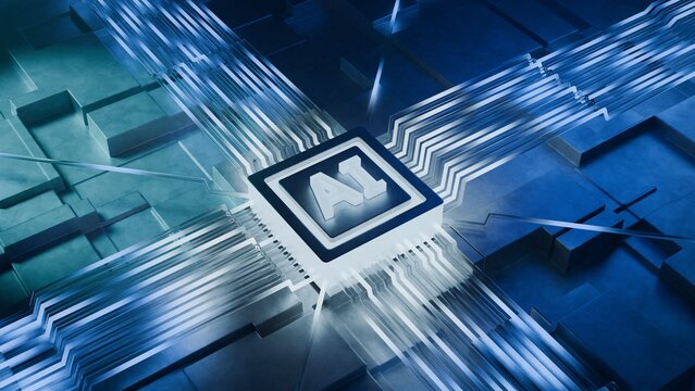 AI microchip technology glowing with digital data flow. Futuristic neural network processor for machine learning and automation systems.